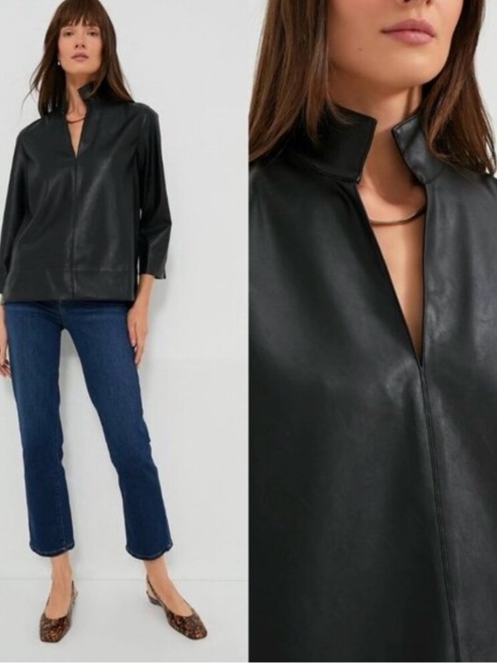 Tuckernuck Black Faux Leather Chic Edgy Collared Margot Top Size M Machine Wash